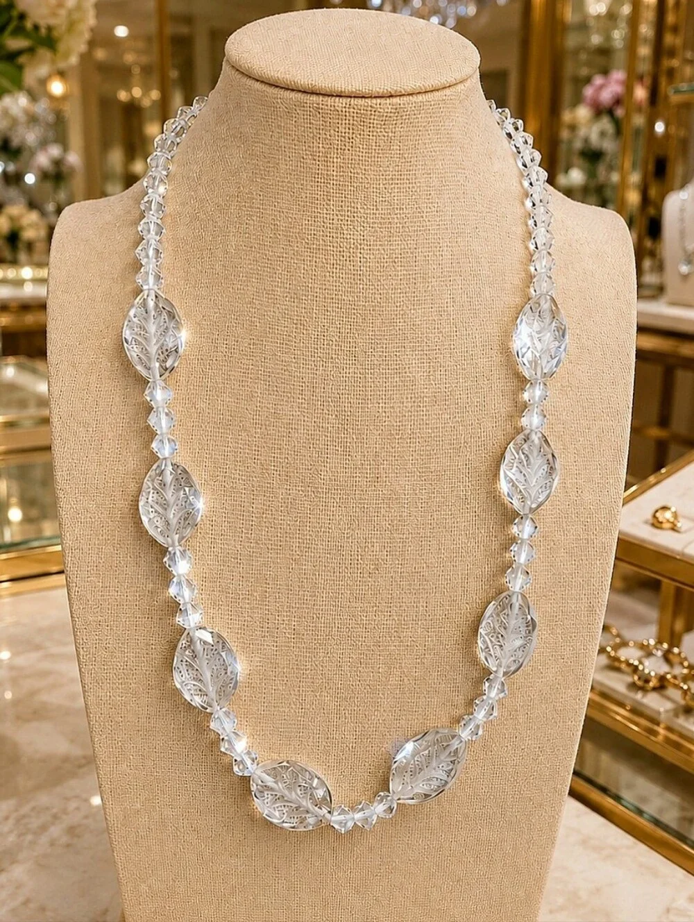 Faceted Oval Etched Floral Vintage Clear Crystal Glass Bicone Necklace 1960's